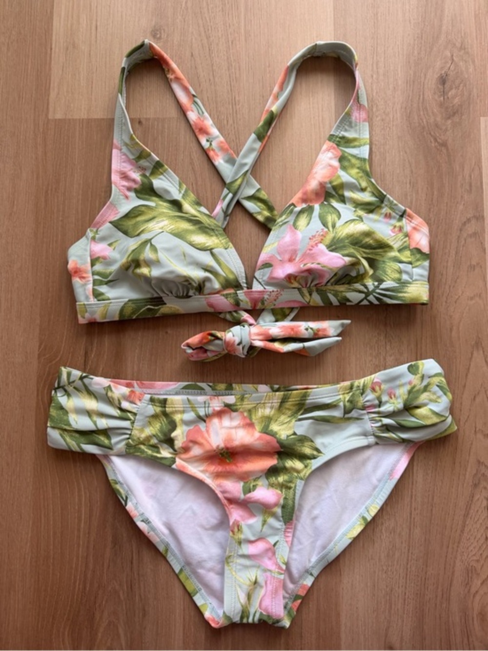 Kona Sol Tropical Floral Bikini Set Medium Mint Green Pink Swim Suit
